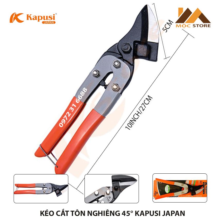 KÉO CẮT TÔN CỘNG LỰC CAO CẤP MỎ NGHIÊNG 45 ĐỘ KAPUSI JAPAN 10INCH/27CM - KÉO CẮT ĐA NĂNG TIÊU CHUẨN NHẬT BẢN - CẮT CÁC TẤM KIM LOẠI TỪ 0.7MM-1.2MM