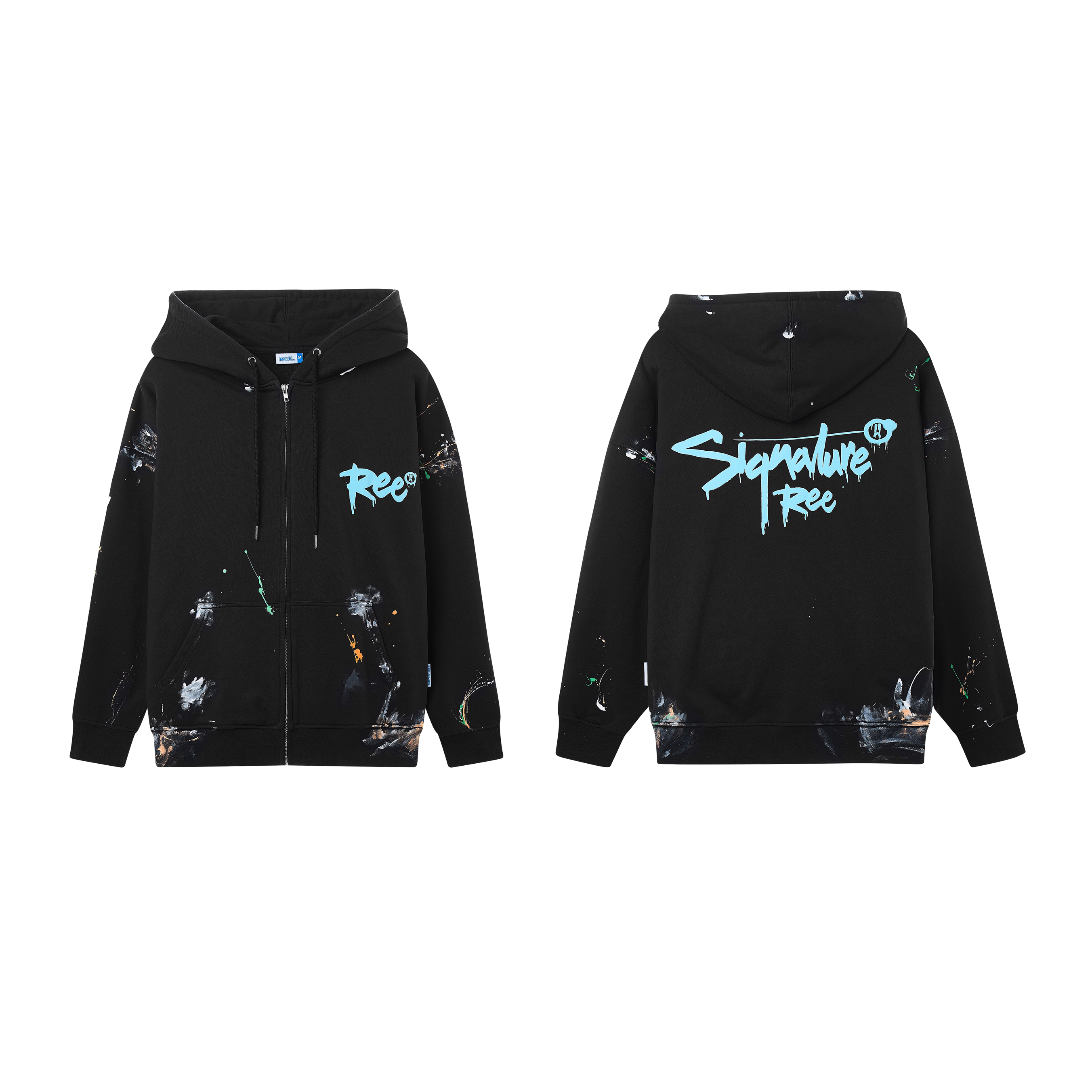 Áo hoodie zip vẩy sơn thủ công màu đen by ree
