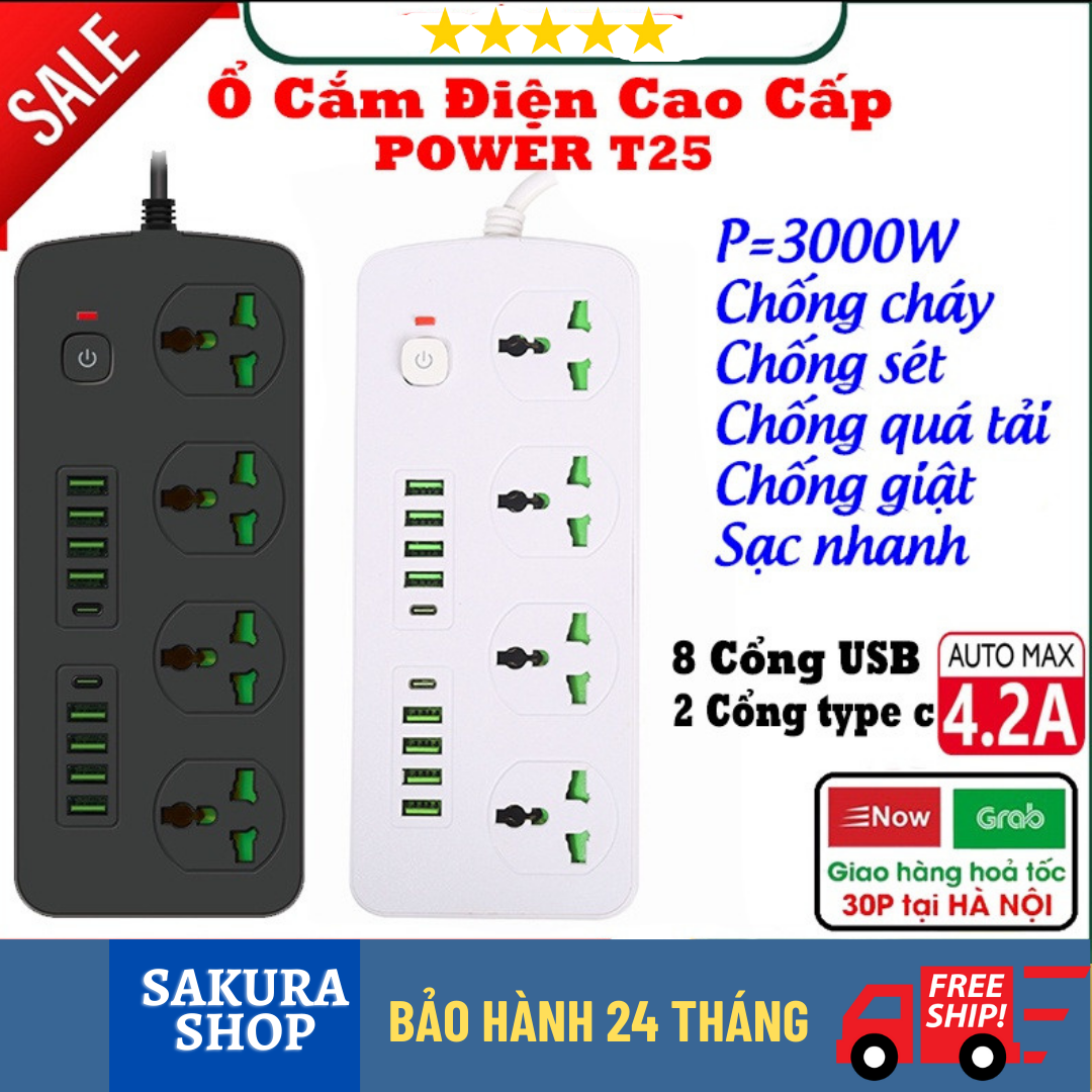 Ổ cắm điện chịu tải cao T25 (BH 3 NĂM) chĩnh hãng cao cấp 8 cổng usb, 2 cổng Type C, 4 chấu cắm ổ chịu tải 2500W, tiết kiệm 30 kilowatt giờ dây nối 2m- Bảo hành 12 tháng