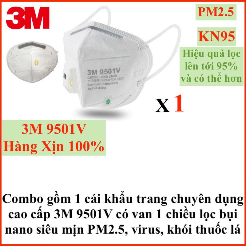 Combo 25-20-10-5-3-1 Cái Khẩu trang cao cấp 3M 9501V ( hoặc 9501V+)  KN95 hàng hãng Xịn, có một van thở, có đệm mũi, chống bụi sợi, bụi siêu mịn nano PM2.5 ô nhiễm ở các thành phố, bụi xây dựng, bụi hàn cắt kim loại, virus cúm