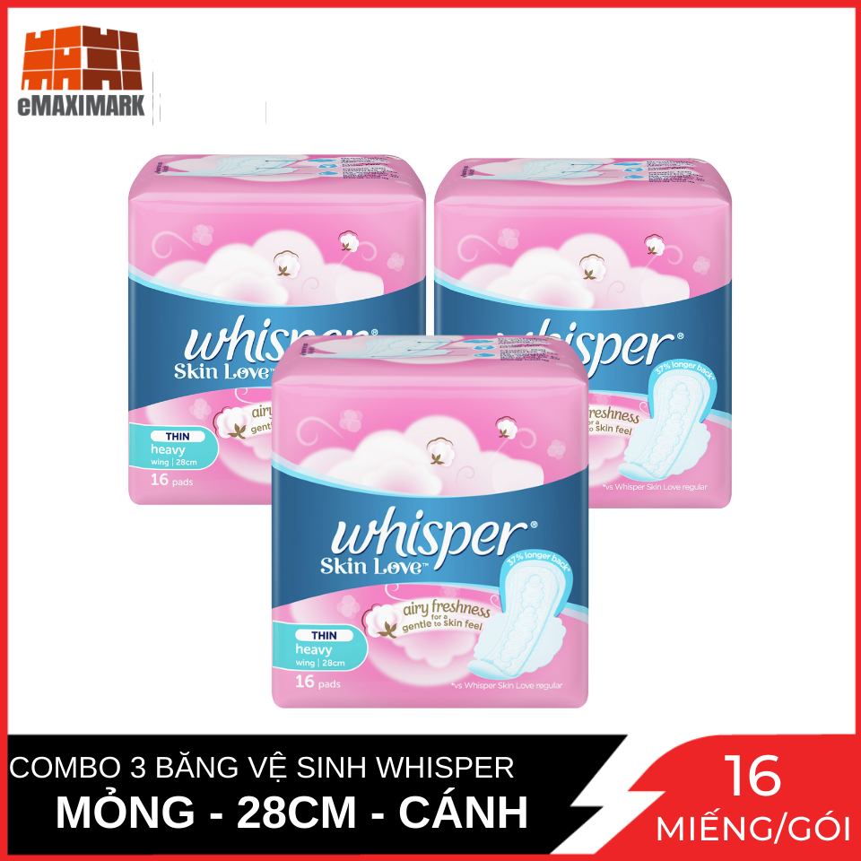 Combo 3 Gói Băng vệ sinh Whisper Skin Love Siêu Mỏng ngày nhiều 28cm 16 miếng/gói