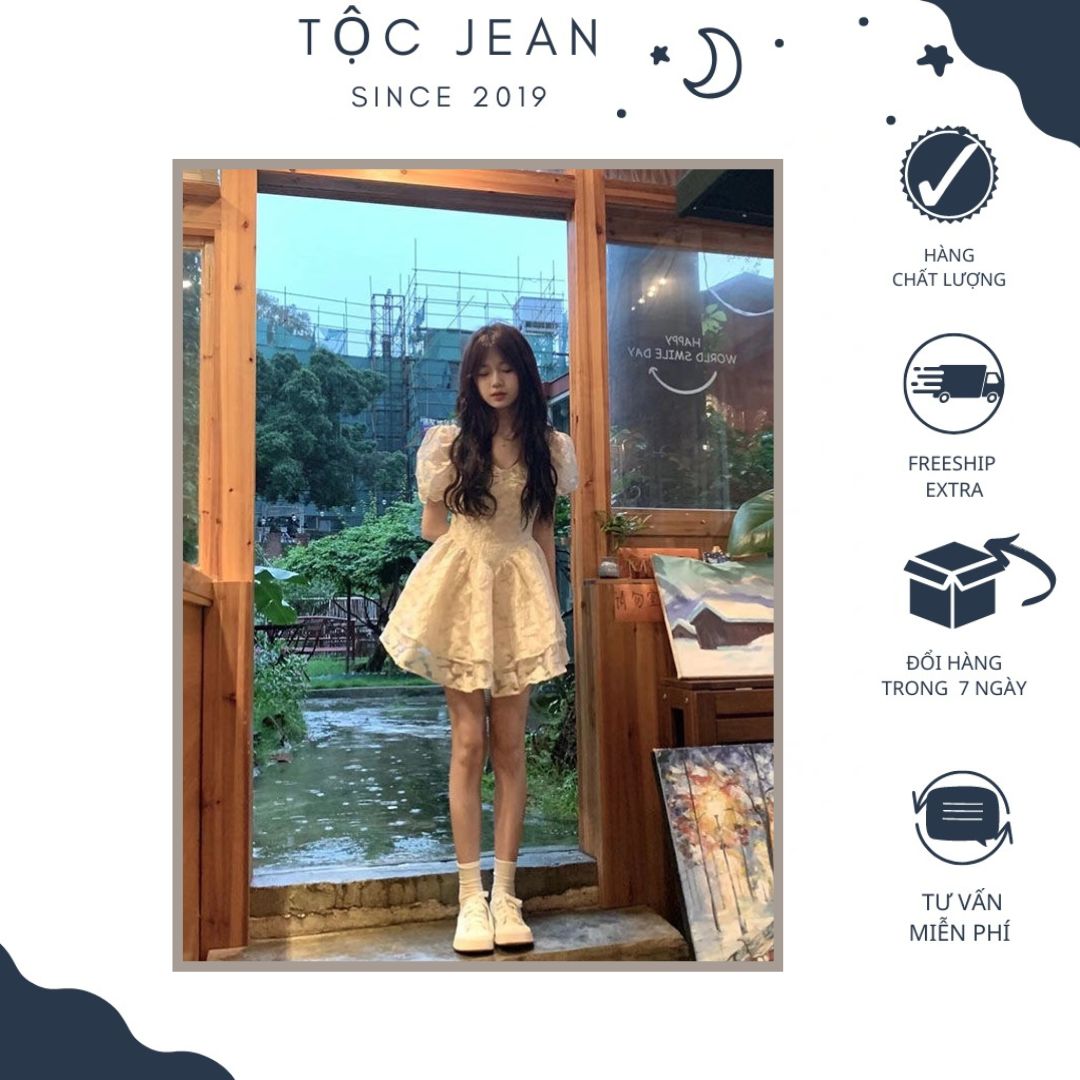 Váy minidress hoa nổi tay phồng màu be