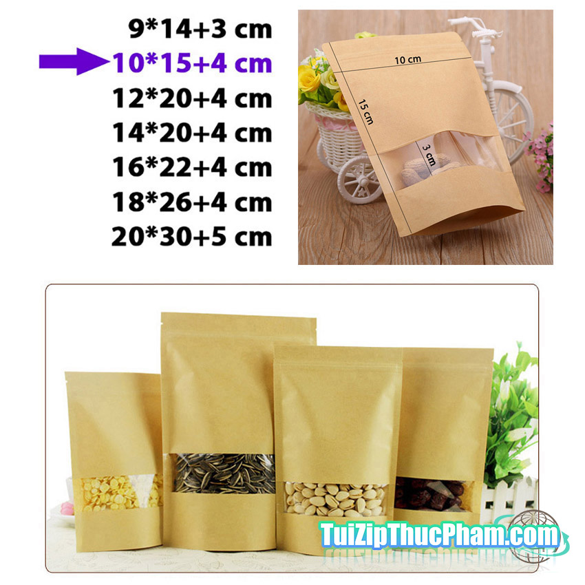 100 cái túi zipper size 10x15cm đựng 70g bột mịn, túi zip giấy kraft vàng có cửa sổ, túi zipper đựng thực phẩm