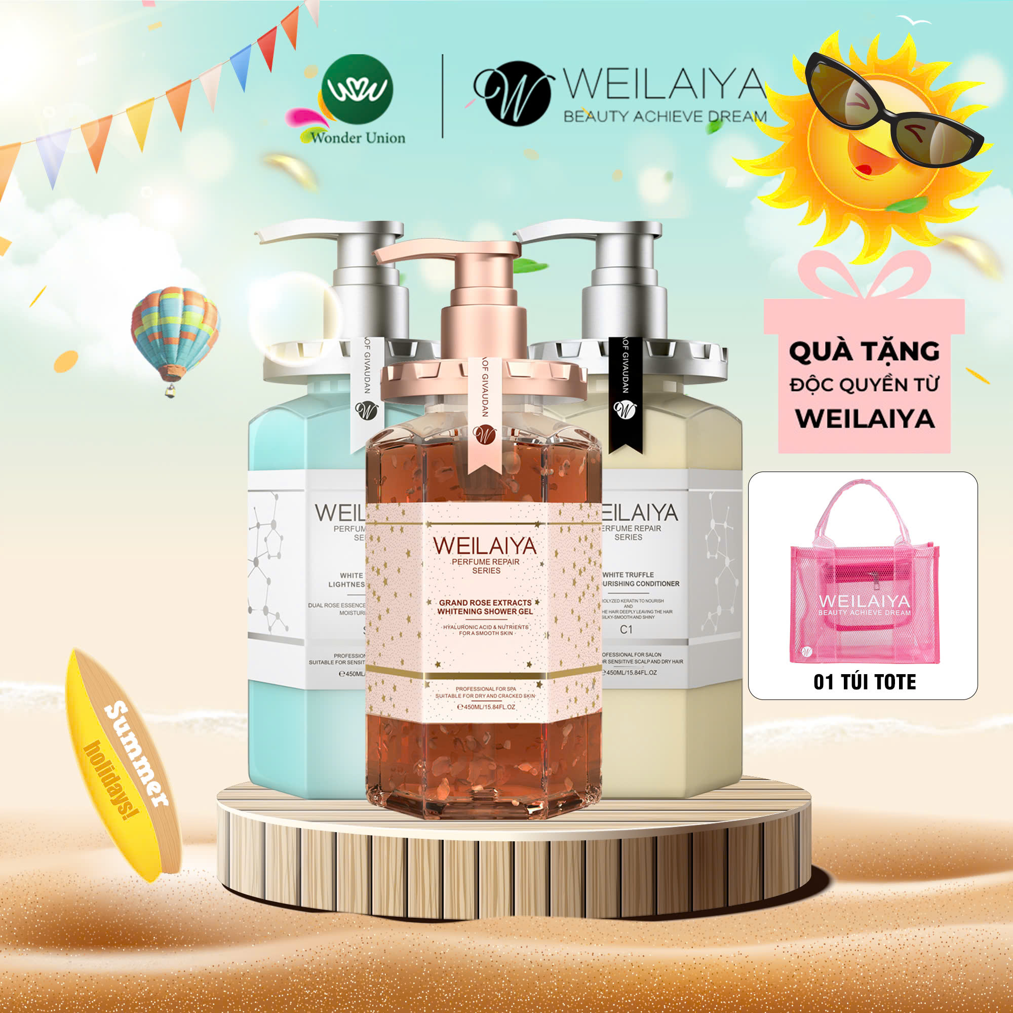 Bộ sản phẩm dầu gội, dầu xả thảo dược chăm sóc tóc và Sữa tắm nước hoa, trắng da toàn thân Weilaiya 450ml