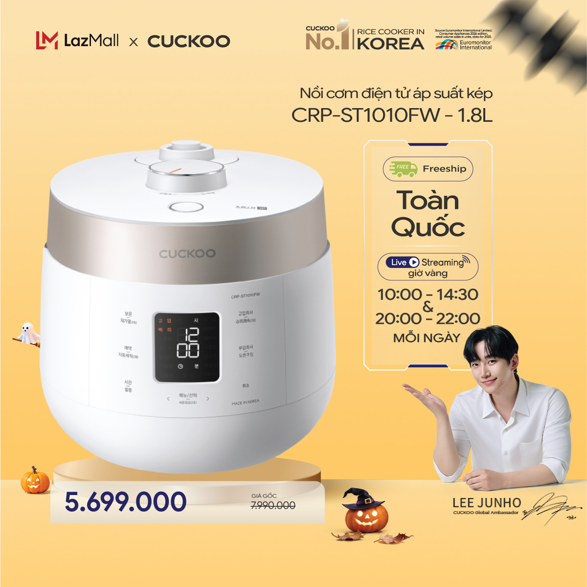 Cuckoo 1.8L Dual Pressure Electronic Rice Cooker Crp-St1010Fw - Exclusive Xwall Enamel-Coated Inner Pot - Smart Control Panel - Multiple Cooking Modes - Made in Korea