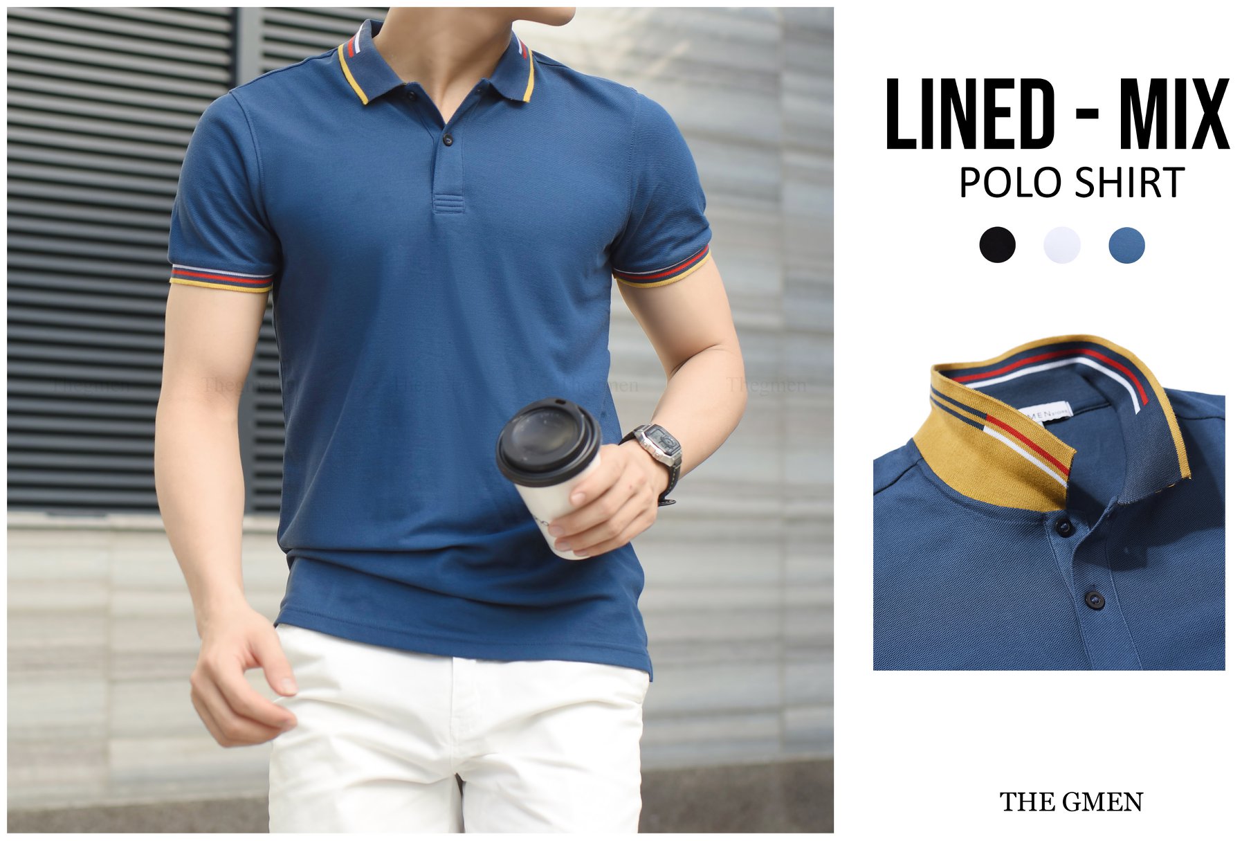 Áo thun polo nam - xanh navy - lined-mix polo shirt