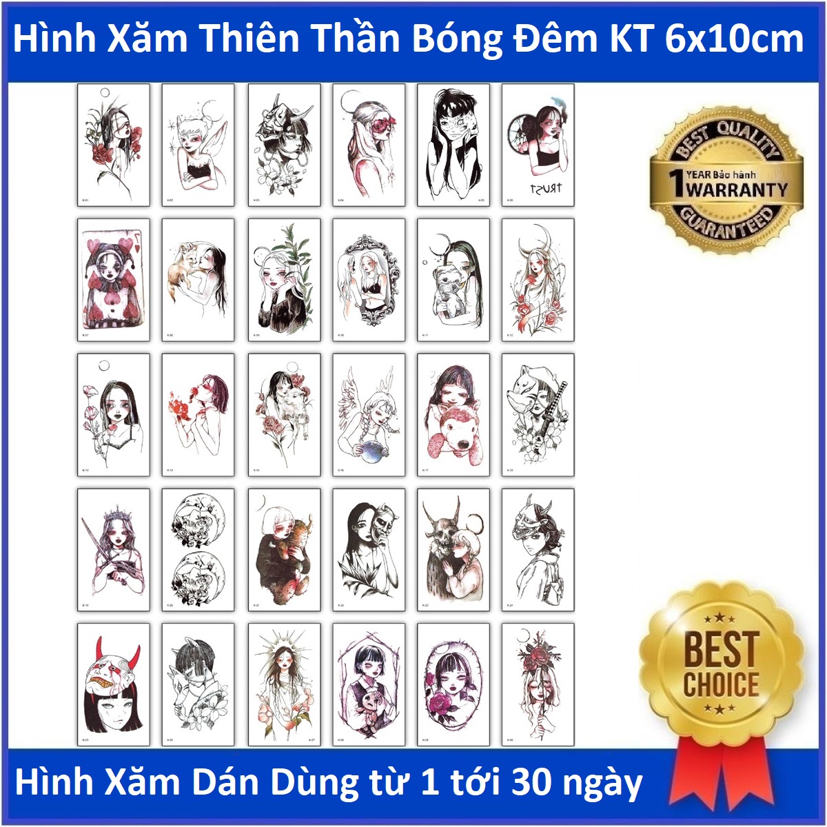 Bộ 30 Thẻ và Bộ 5 Thẻ xăm Thiên Thần Bóng Đên kích thước 6x10cm, Mỗi Hình Xăm Mang Vẻ Đẹp Ma Mị Huyền Bí, Hình xăm có thể xóa đi dễ dàng hoặc sử dụng trong 1 tháng