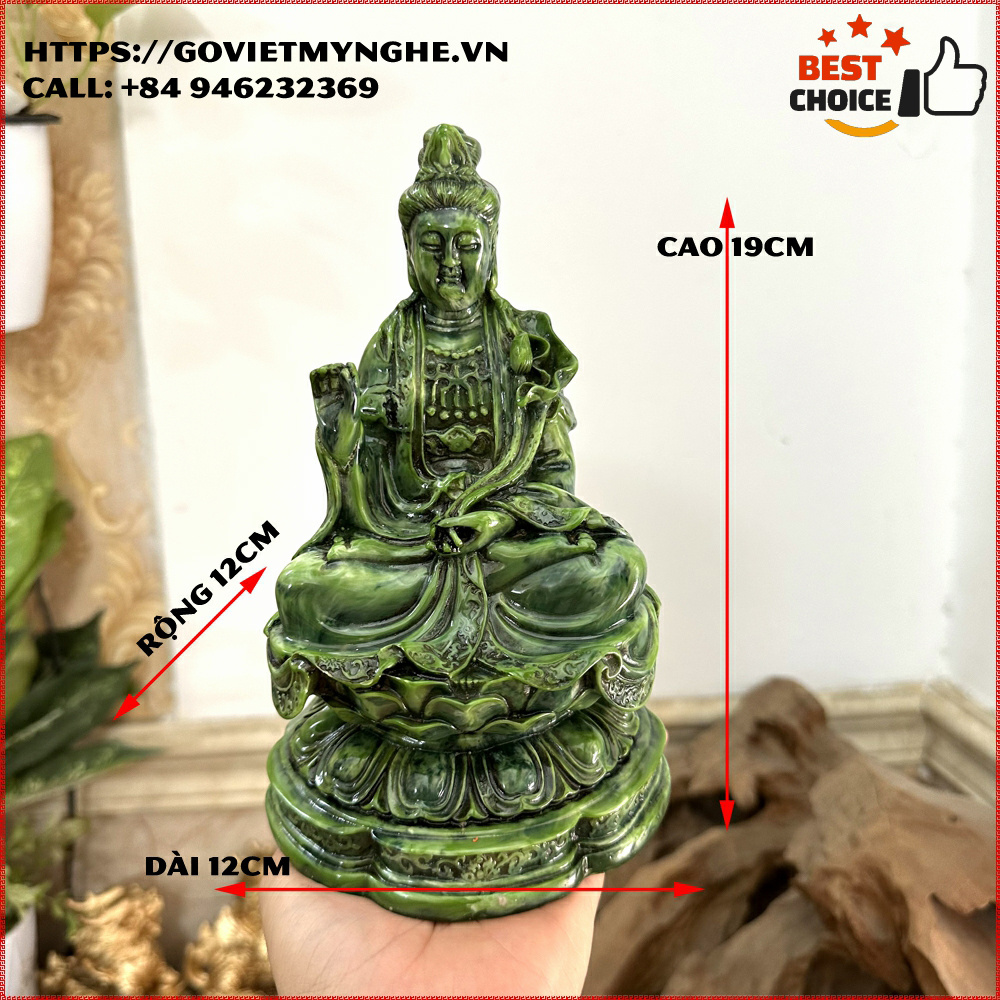 Tượng đá trang trí phòng thờ - tượng Đại Thế Chí Bồ Tát - Chiều cao 19cm - Màu xanh lục bích