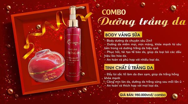 Combo dưỡng trắng da (gồm kem body váng sữa + tinh chất ủ trắng da) tặng 1 chai nước N Collagen trị giá 300k.