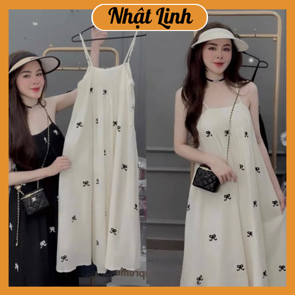 Váy 2 dây babydoll họa tiết nơ có khuy điều chỉnh maxi đầm suông 2 dây dáng dài đi biển - Mã V820