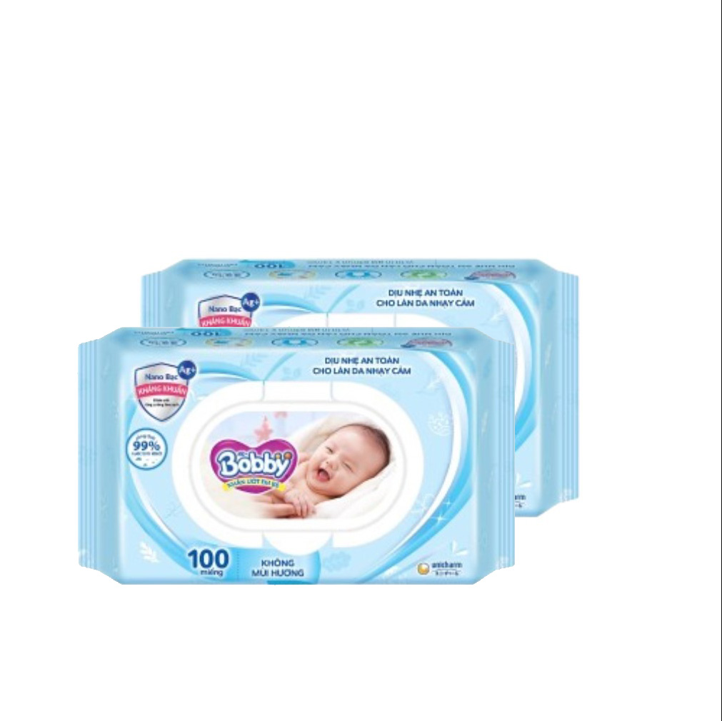 Combo 2 khăn giấy ướt bobby có nắp đậy 100 tờ không mùi
