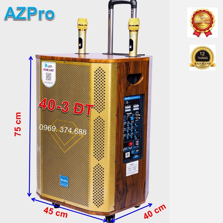 Loa kéo di động Bluetooth chính hãng AZPRO,AZ-2506-A Bass 40 thùng gỗ cao cấp,loa 3 đường tiếng,mạch Reverb 10 núm chỉnh,tặng 2 mic không dây UHF