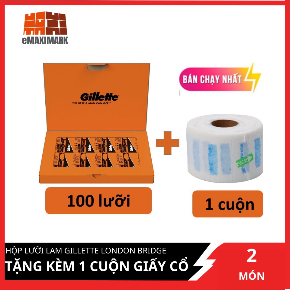 [HCM ship 2h] Gillette London Bridge (Cam) 1 hộp100 lưỡi tặng kèm 1 cuộn giấy cổ 100 cái/hộp