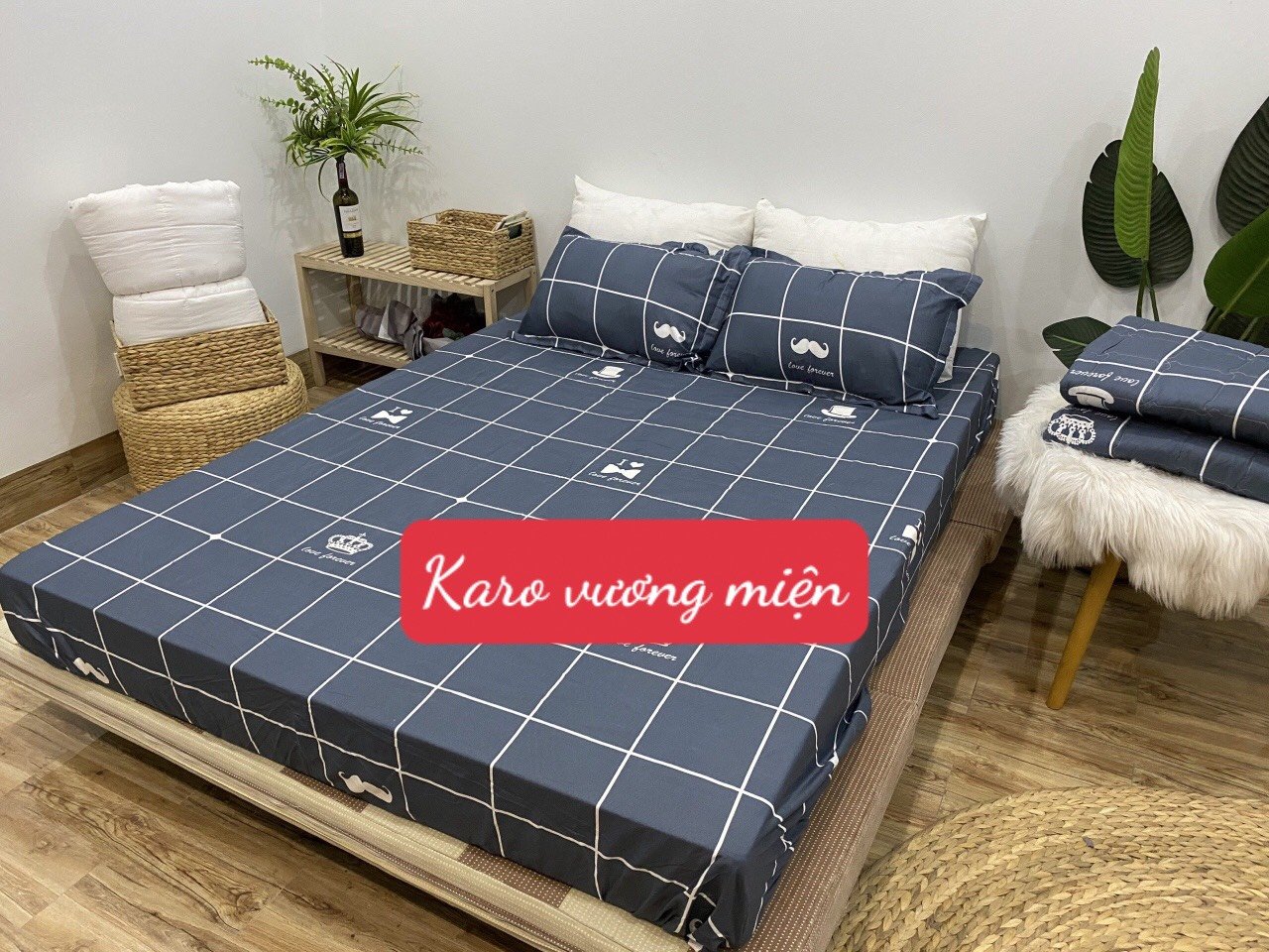 Bộ Ga Gối 3 Món2mx2m2 Poly Cotton, mẫu karo vương miện