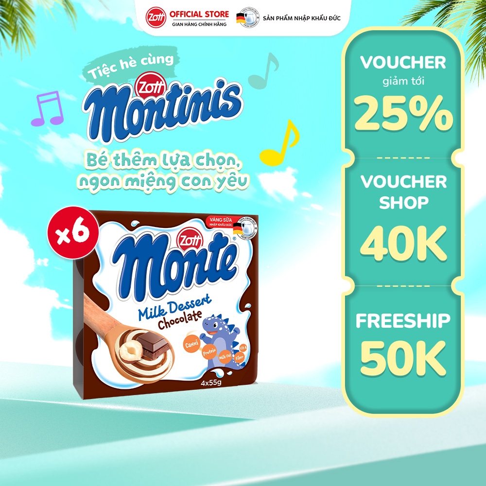 Giao Hoa Toc - Combo of 6 Packs of Zott Monte Milk Cream with Chocolate Flavor Imported from Germany (Pack - 55g X 4 Jars)