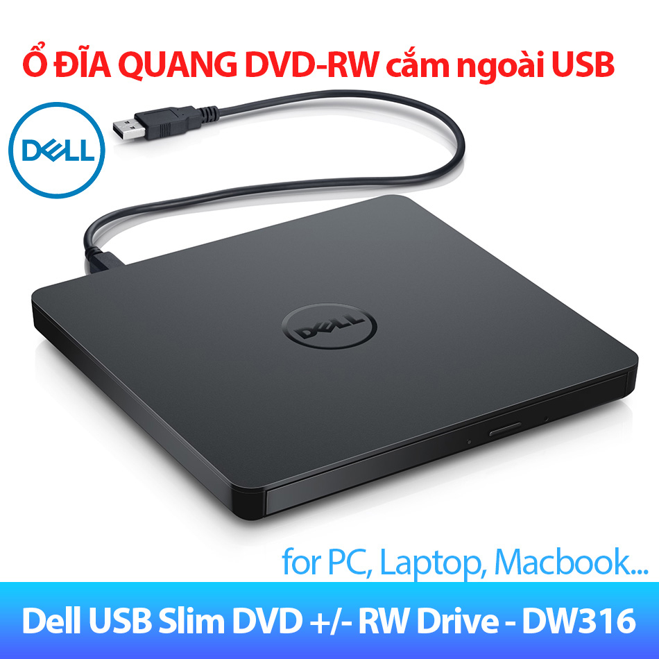 Ổ đĩa quang cắm ngoài dell usb slim dvd-rw dw316, dvd-r dp61n. dùng cho máy tính pc, laptop, macbook, đọc ghi đĩa dvd cd
