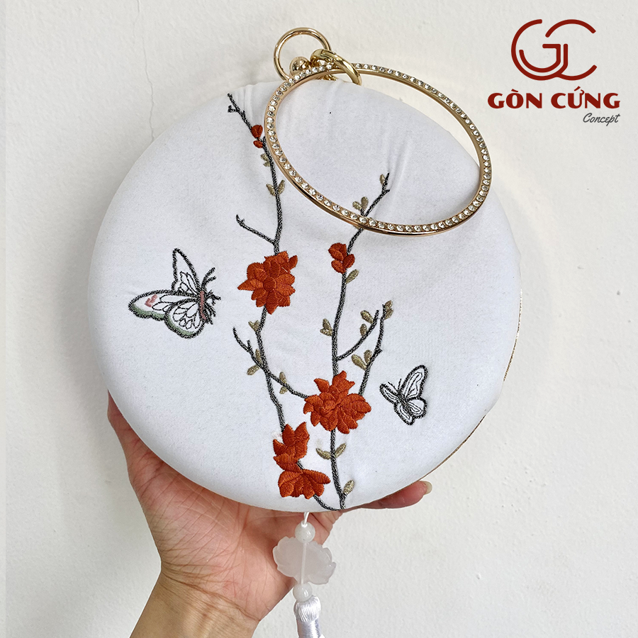 Túi xách nữ tròn Châu Đào Hồ Điệp chất liệu gấm thượng hạng họa tiết thêu tinh xảo sang trọng T033