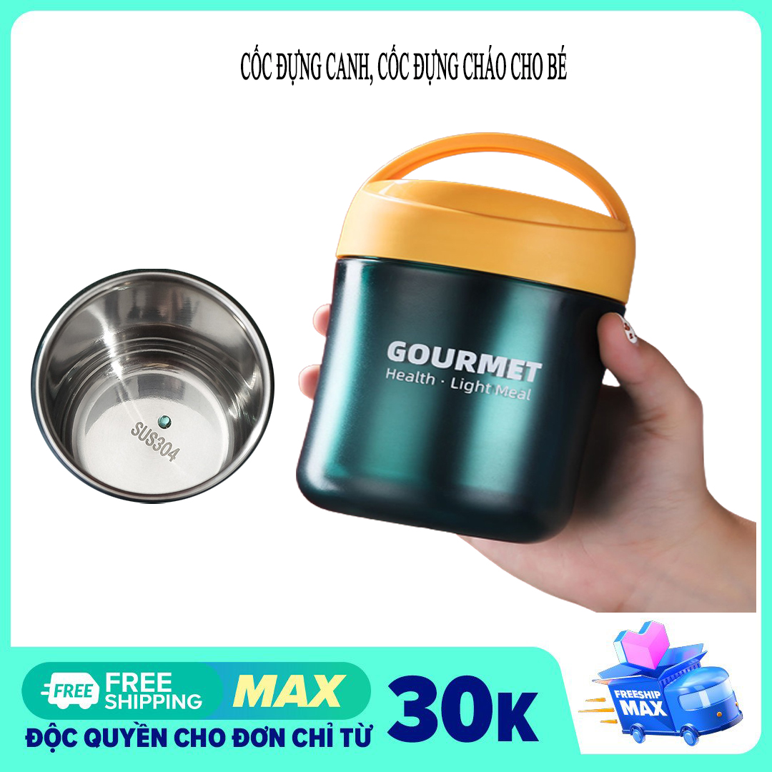 [Kèm thìa]  Cốc giữ nhiệt cốc đựng canh  cốc đựng cháo cho bé chất liệu inox 304 cao cấp Gourmet