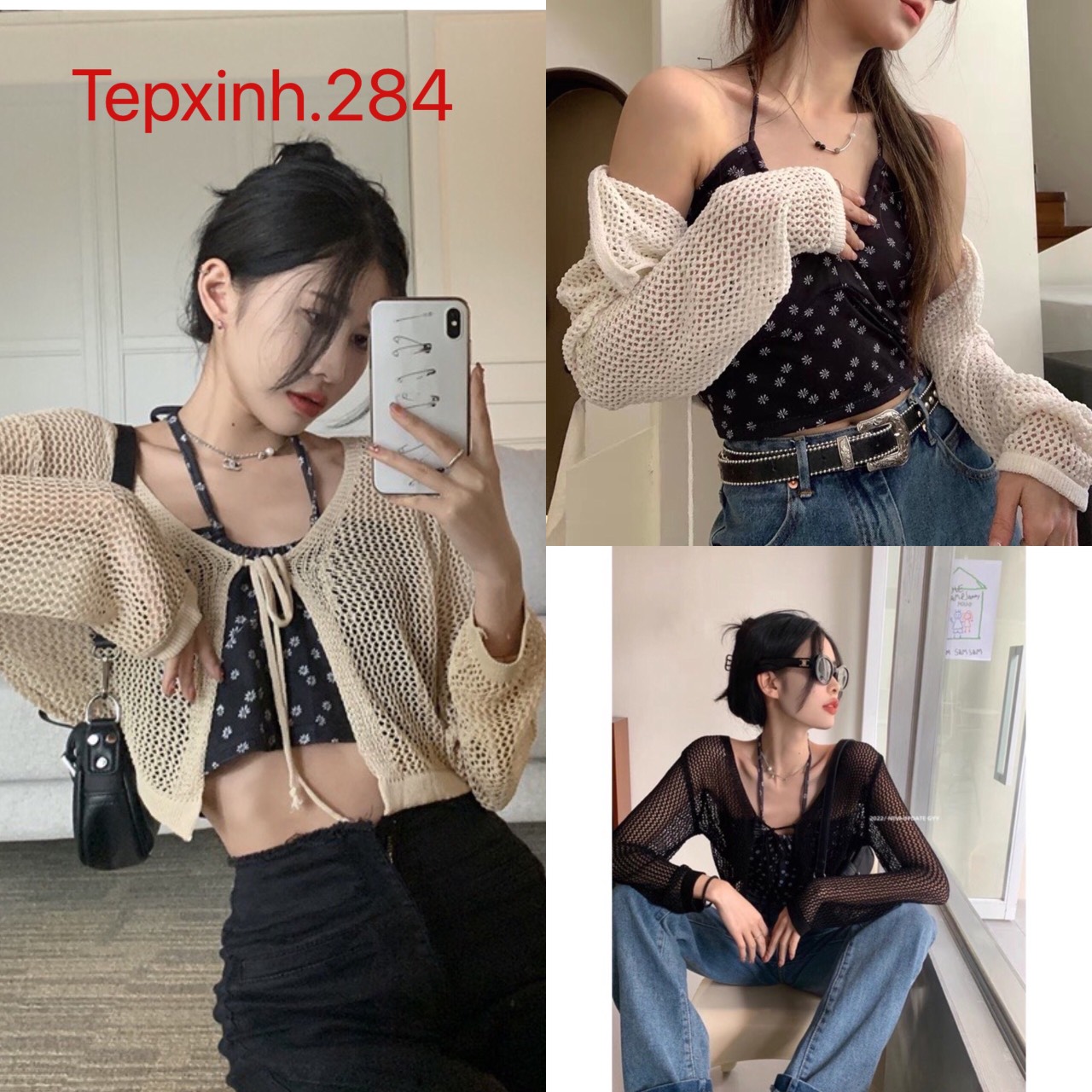 Set áo cardigan lưới kèm yếm hoa nhí siêu xinh hàng QC
