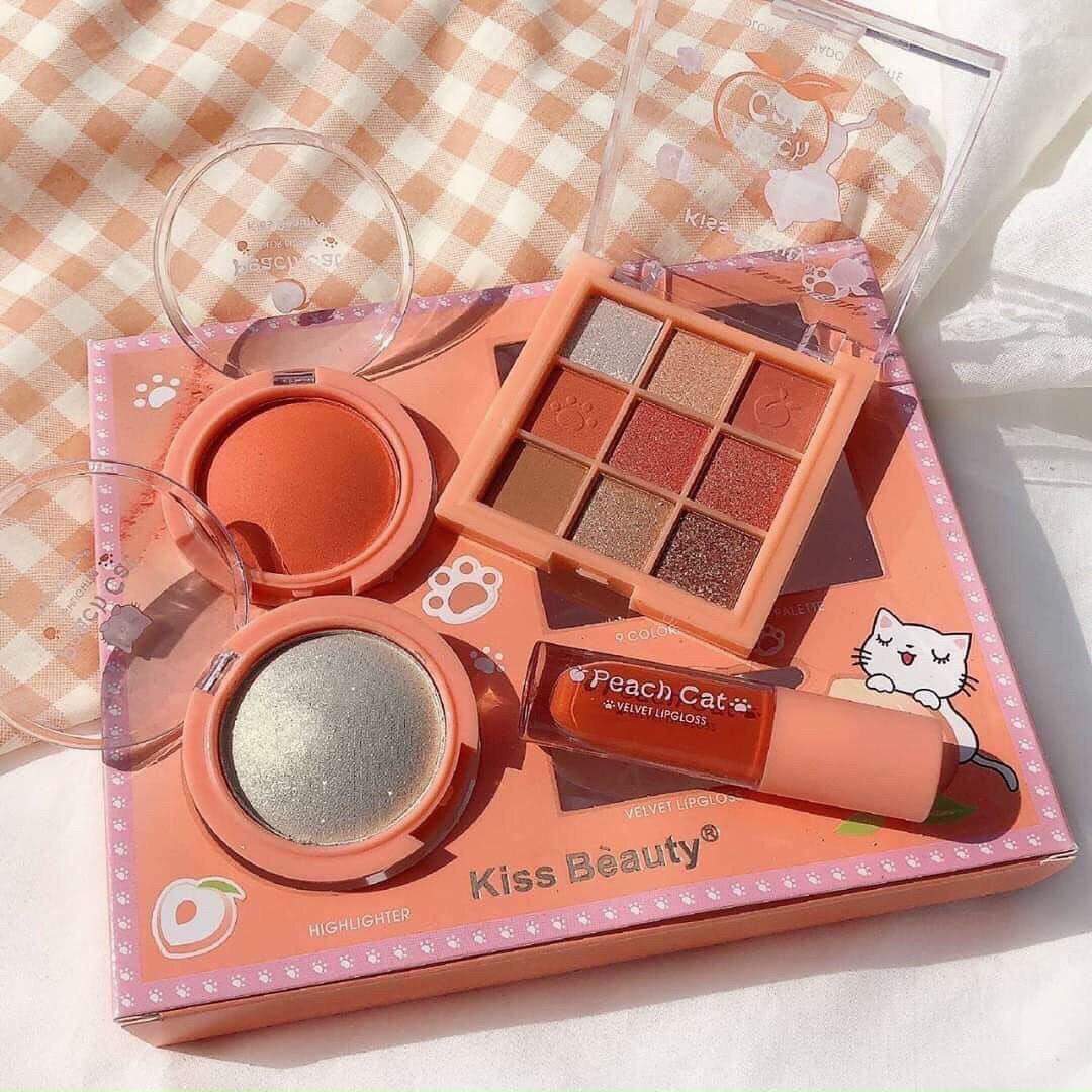 Set makeup 4 món Kiss Beauty Peach Cat 4in1 tone cam đào