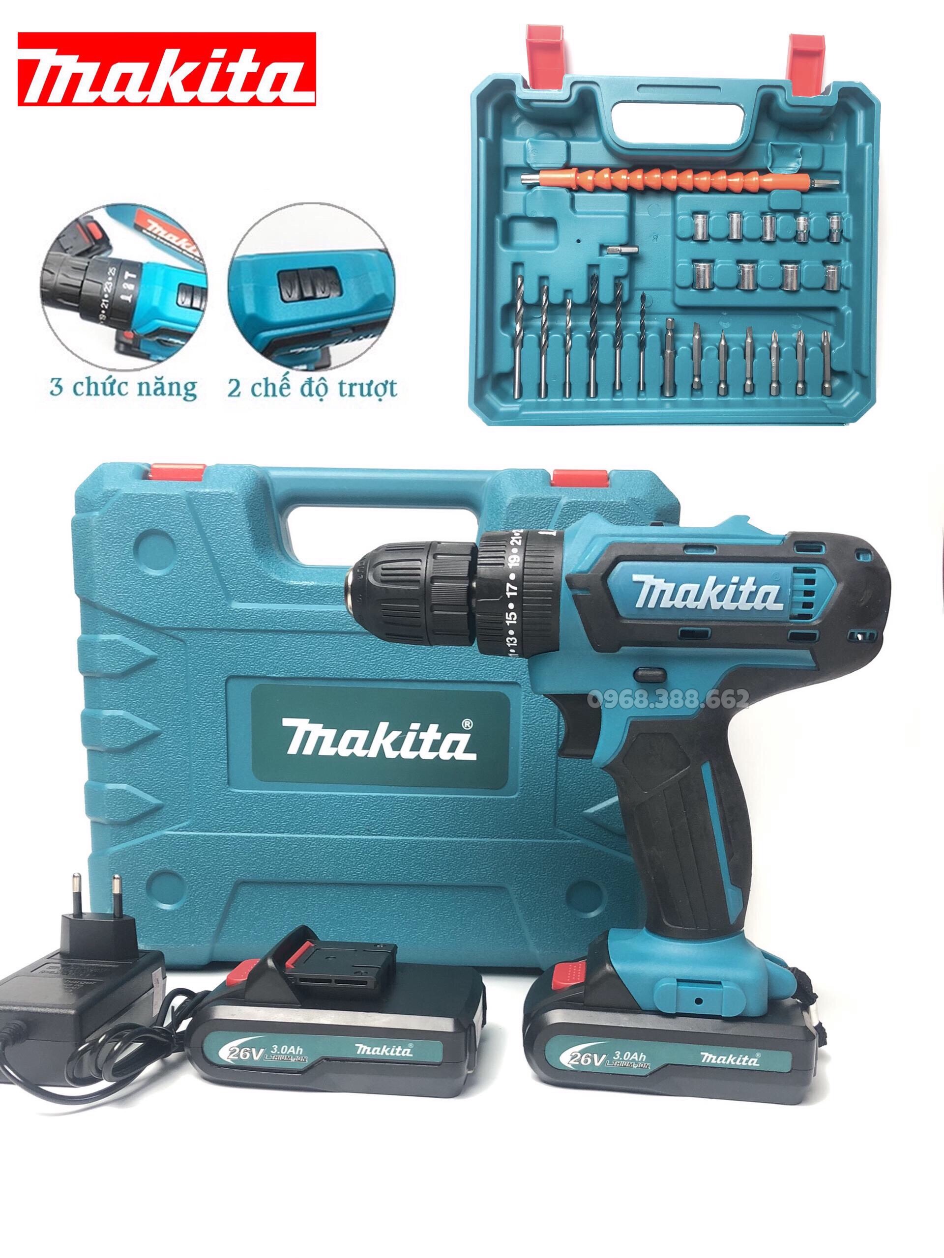 Máy khoan pin Makita 26v có búa kèm phụ kiện