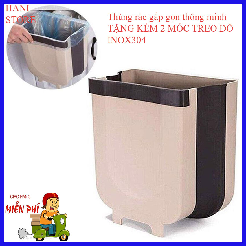 Thùng rác gấp gọn thông minh TẶNG KÈM 2 MÓC TREO ĐỒ INOX304 HANI STORE TR01treo cửa tủ bếp, treo xe ô tô, văn phòng tiện lợi, hàng loại 1