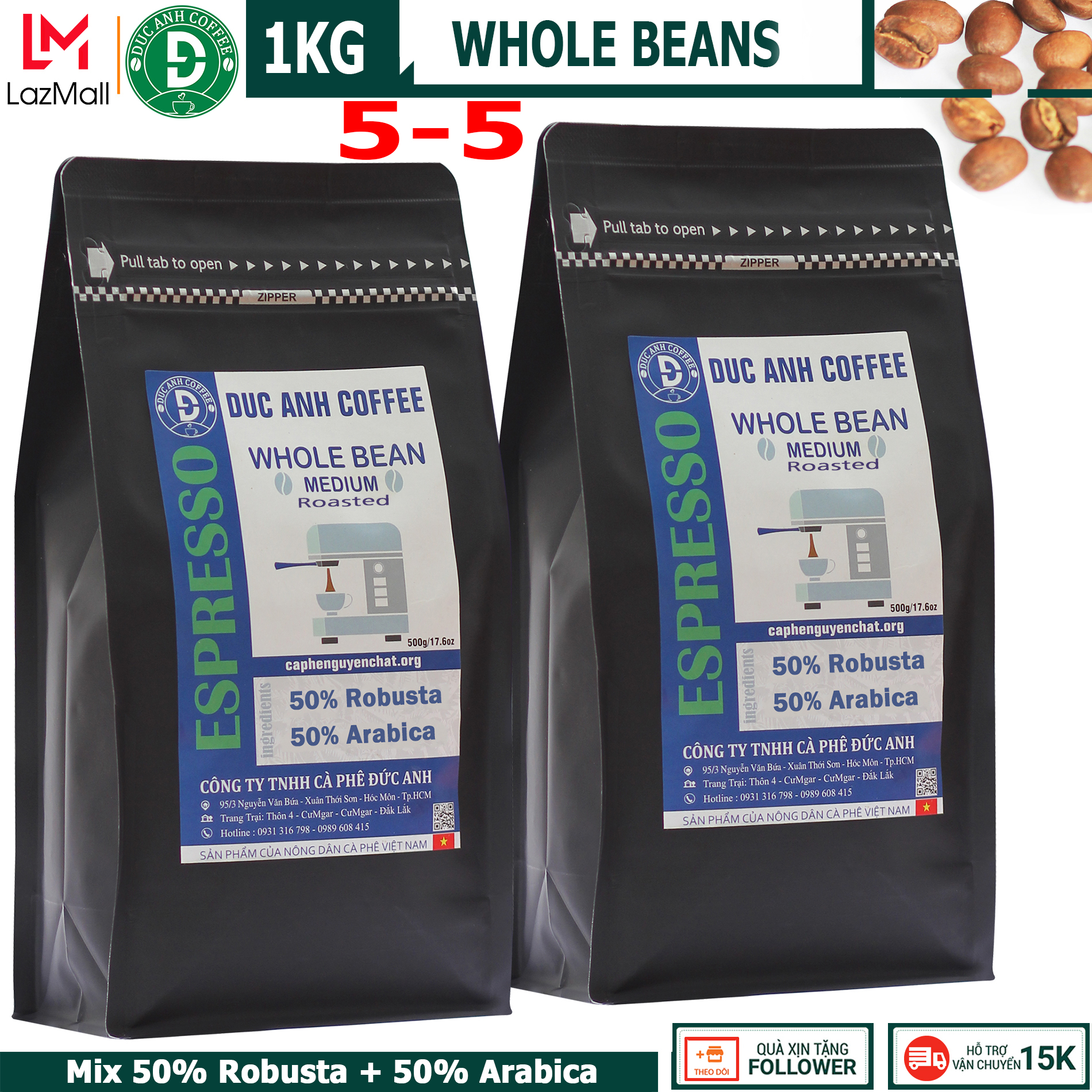 [international Version] 1kg Special whole beans coffee for Espresso machines with the rate Mix of 50% Robusta + 50% pure Arabica - special limited edition - DUC ANH COFFEE