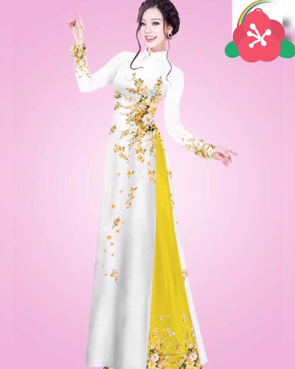 Áo dài truyền thống in 3D họa tiết hoa eo