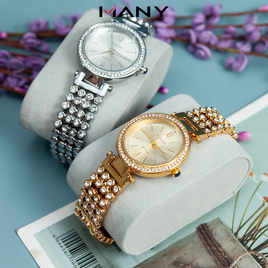Hoàn tiền 15% - đồng hồ nữ bonaier 438 mặt tròn dây kim loại mạ vàng bạc cao cấp - đồng hồ nữ đính đá sang trọng many