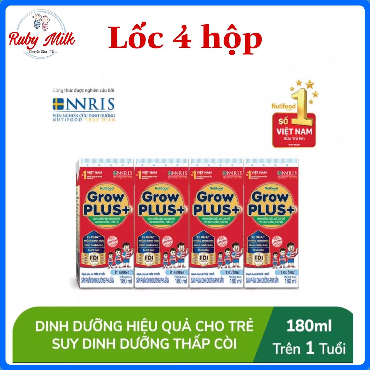 [Date 10.2024] Lốc 4 hộp sữa pha sẵn Nutifood Grow Plus đỏ 180ml (Cho bé từ 1 tuổi)