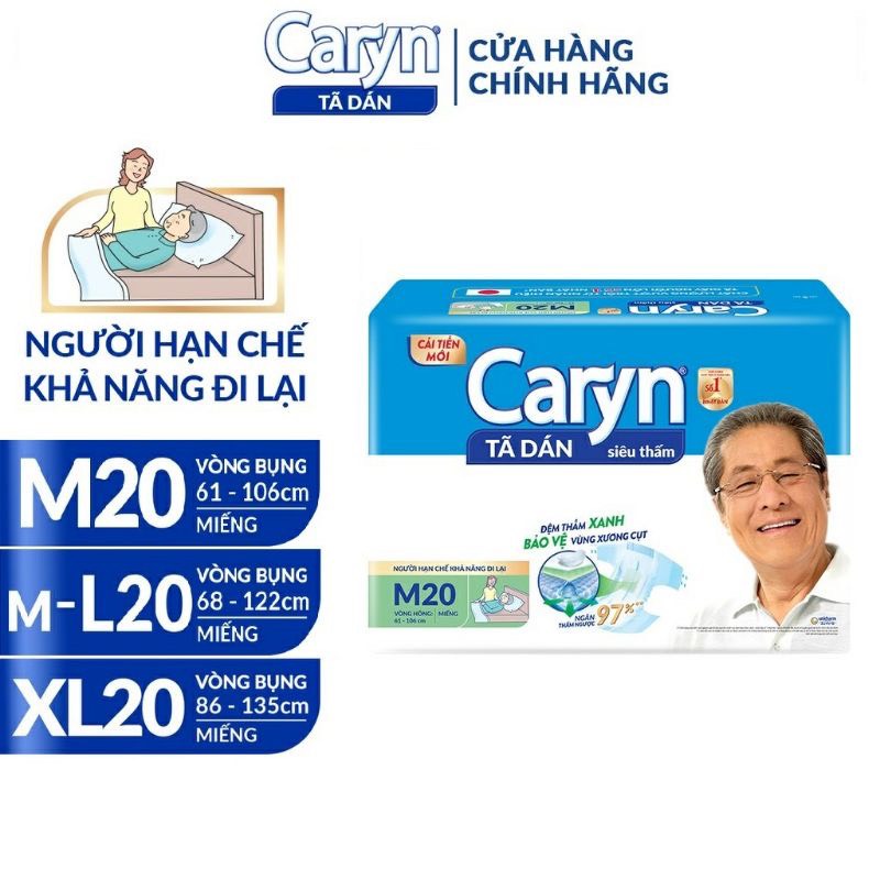 Tách lẻ Tã dán người lớn Caryn bỉm dán gói L20 XL20 Lõi bông cao cấp thấm hút mỏng nhẹ,cho bề mặt luôn khô thoáng