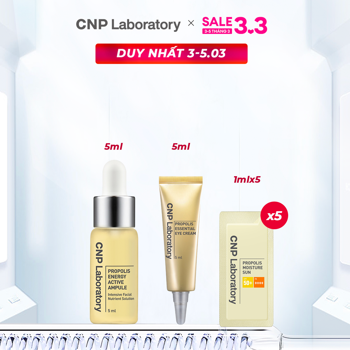 Combo tinh chất keo ong 5ml và cnp propolis eye cream và combo 5 kem chống nắng keo ong