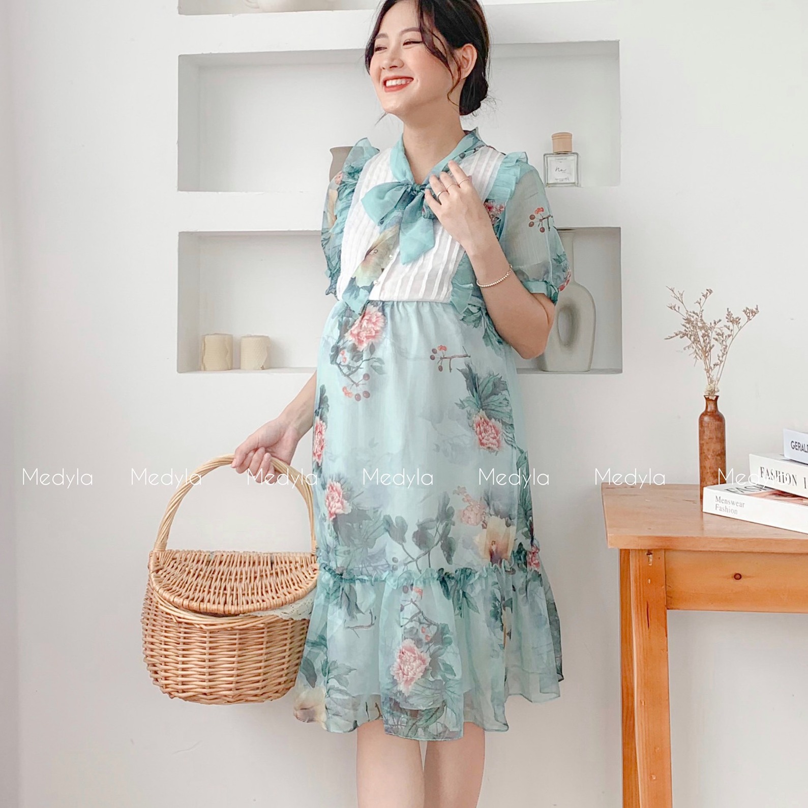 Váy bầu mùa hè tơ hoa lót lụa - Đầm bầu công sở thiết kế Medyla - VS610