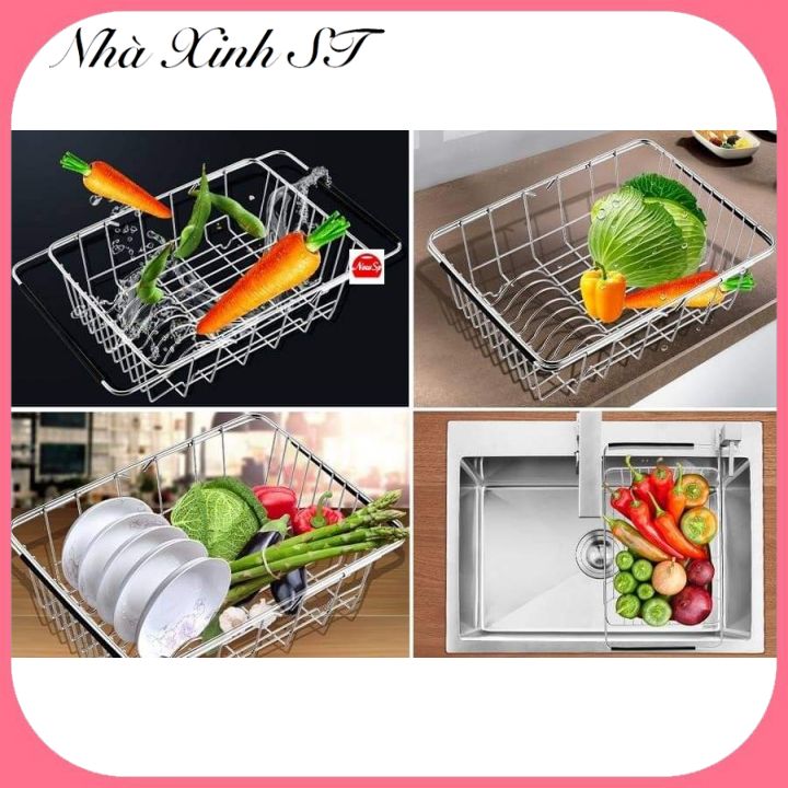 Rổ gác bồn rửa chén bát inox sâu lòng điều chỉnh được kích thước kệ gác bồn rửa bát