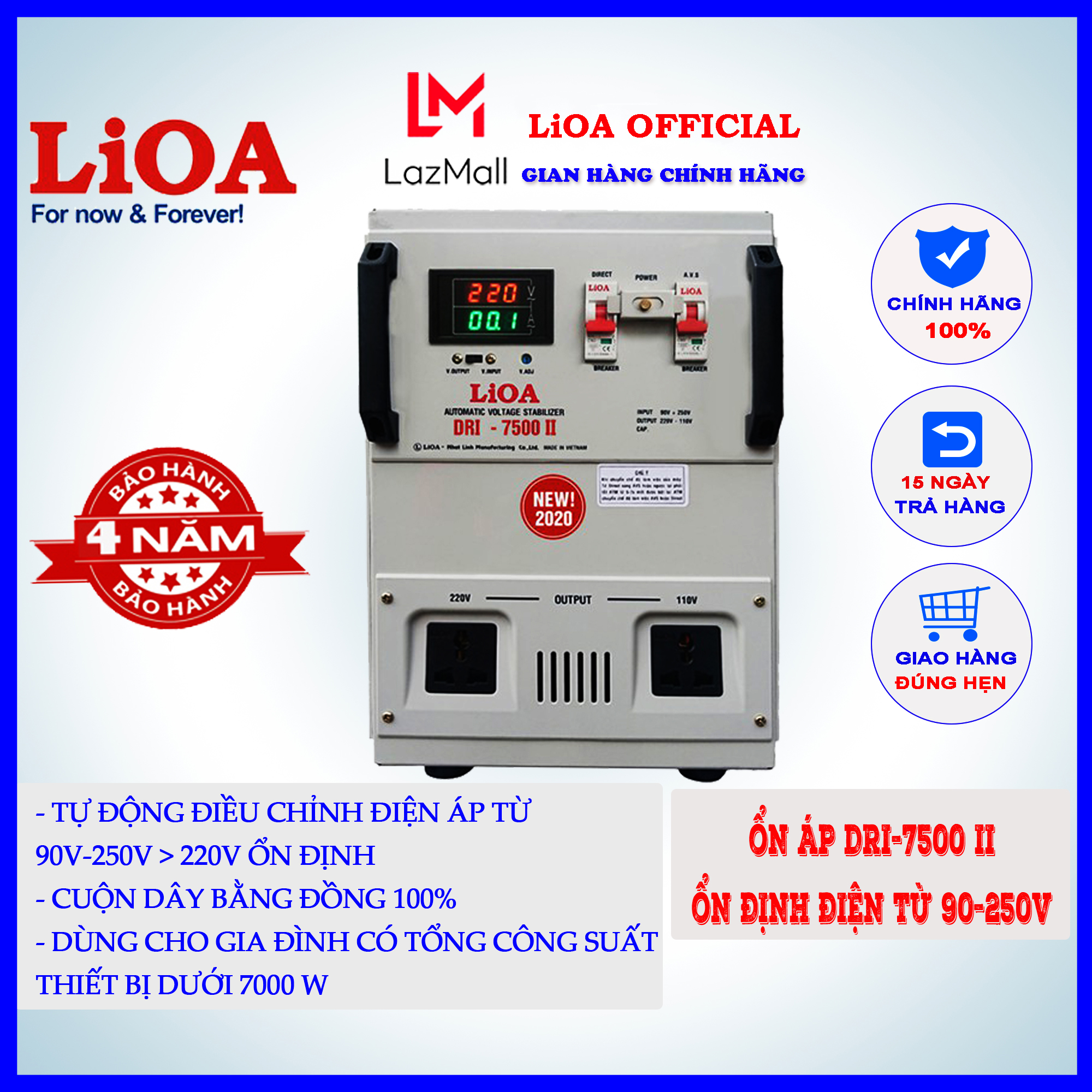 Ổn áp lioa dri-7500ii tự động điều chỉnh điện áp từ 90v-250v thành điện 220v, cuộn dây bằng đồng 100%