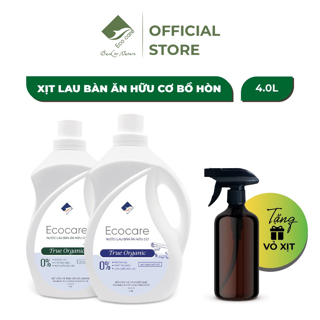 Nước Lau Bàn Ăn Hữu Cơ Bồ Hòn ECOCARE 4000ml Kết Hợp Tinh Dầu Quế / Sả Chanh, Tẩy Rửa Lau Chùi Bàn Ghế An Toàn Hiệu Quả
