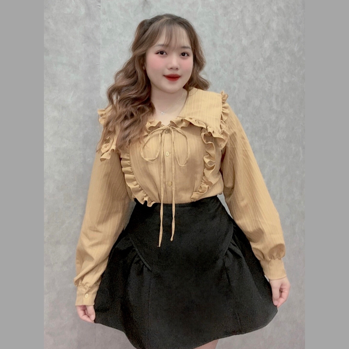 Áo sơ mi nữ dài tay form rộng basic Bigsize Cô Nhỏ cổ tròn viền bèo tiểu thư vải đũi xốp mềm mát không nhăn-SM146