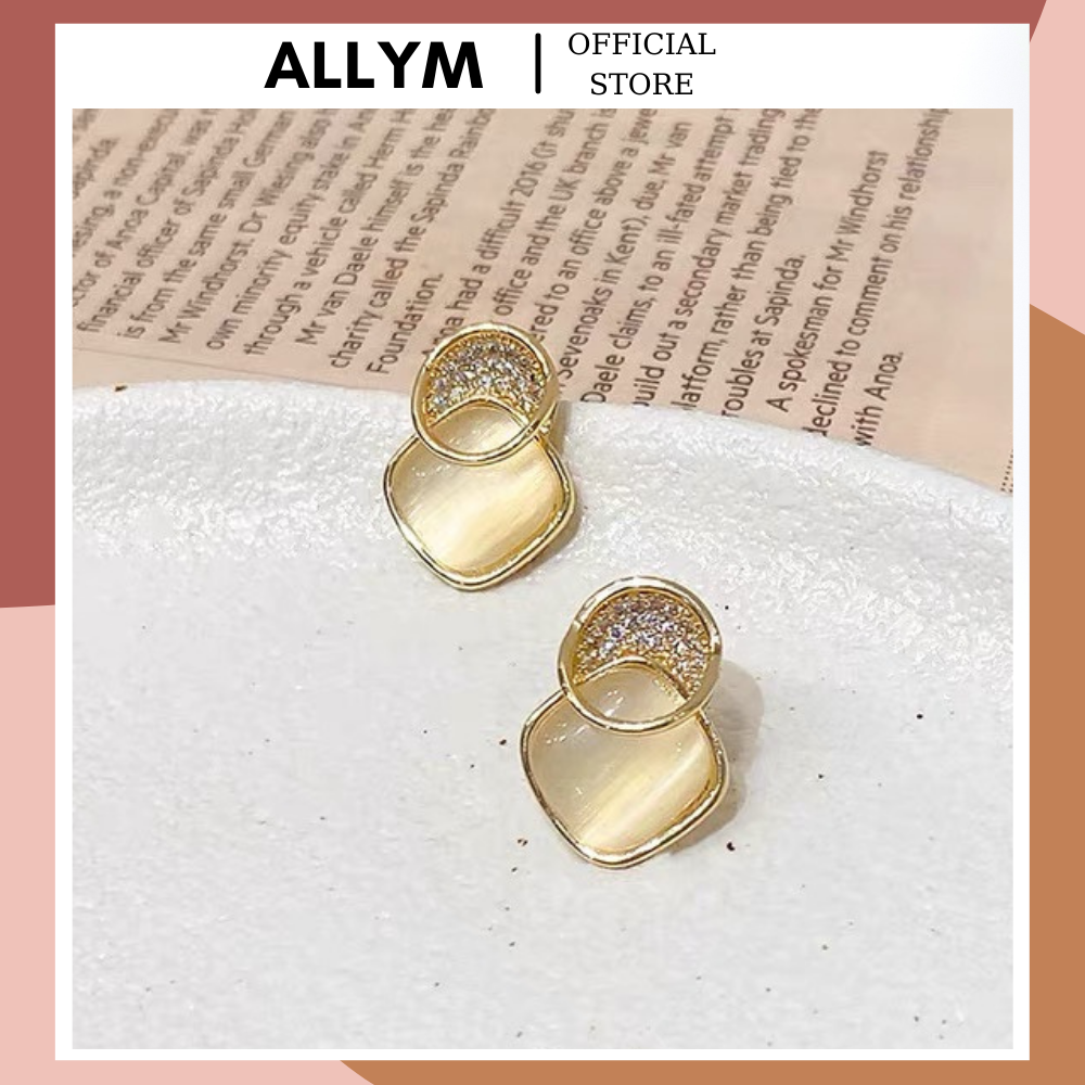 Bông tai khuyên tai hình học vuông đính đá xà cừ ALLYM.Accessories