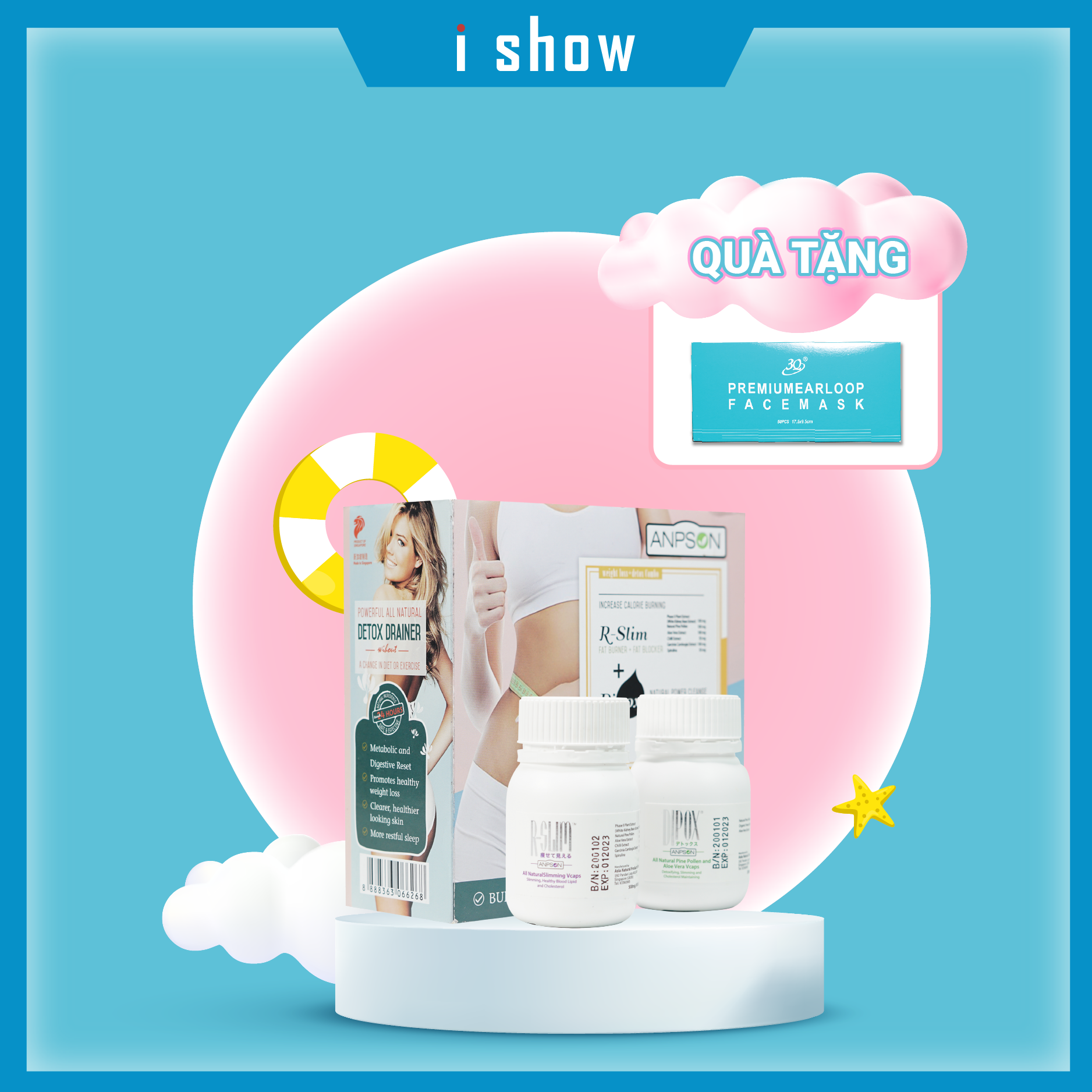 Ishow Viên uống giải độc cơ thể & hỗ trợ giảm cân Dipox+Rslim - Tặng khẩu trang 3 lớp