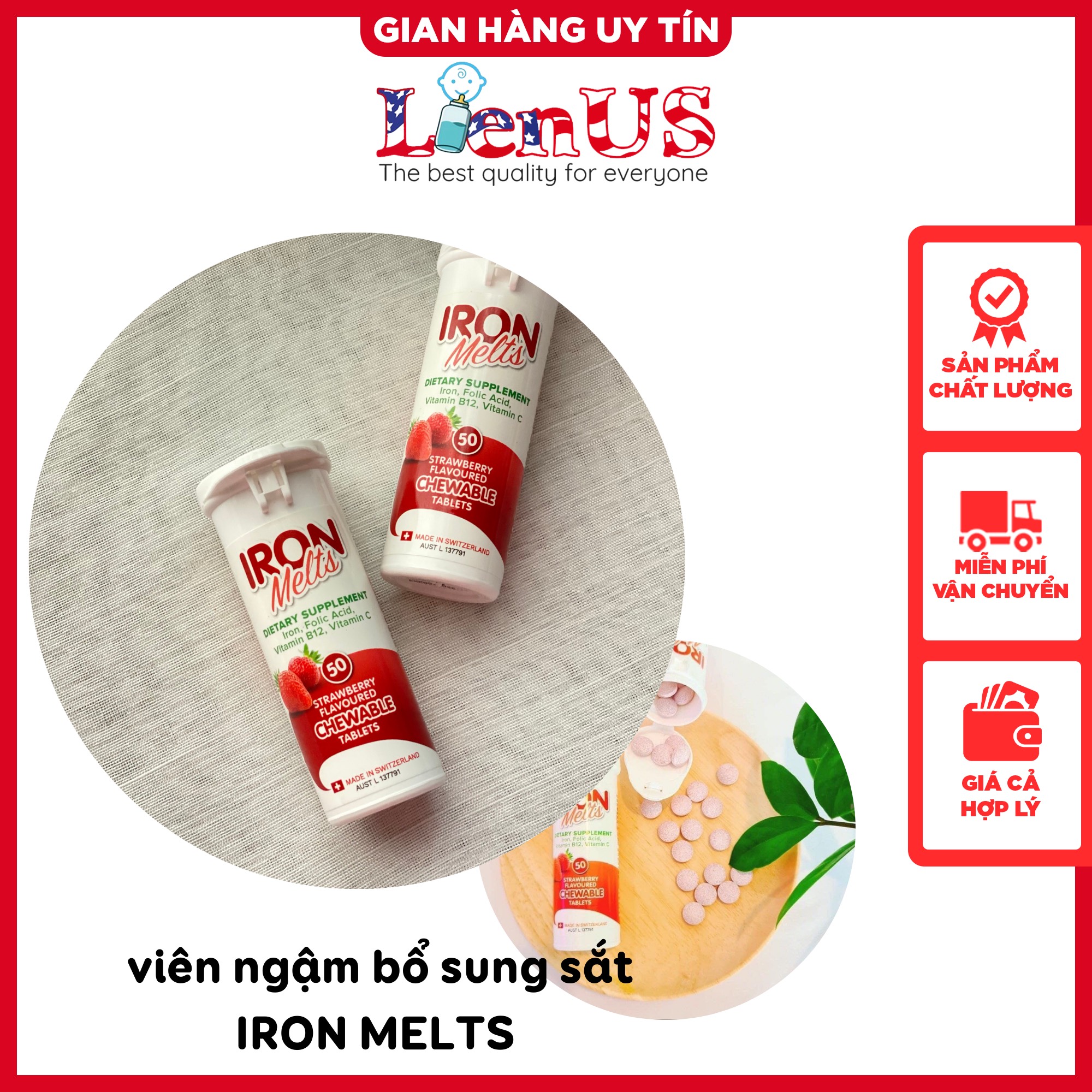 Viên ngậm bổ sung sắt iron melts 50 viên úc vị dâu có chứa sắt, acid folic, vitamin b12 và vitamin c