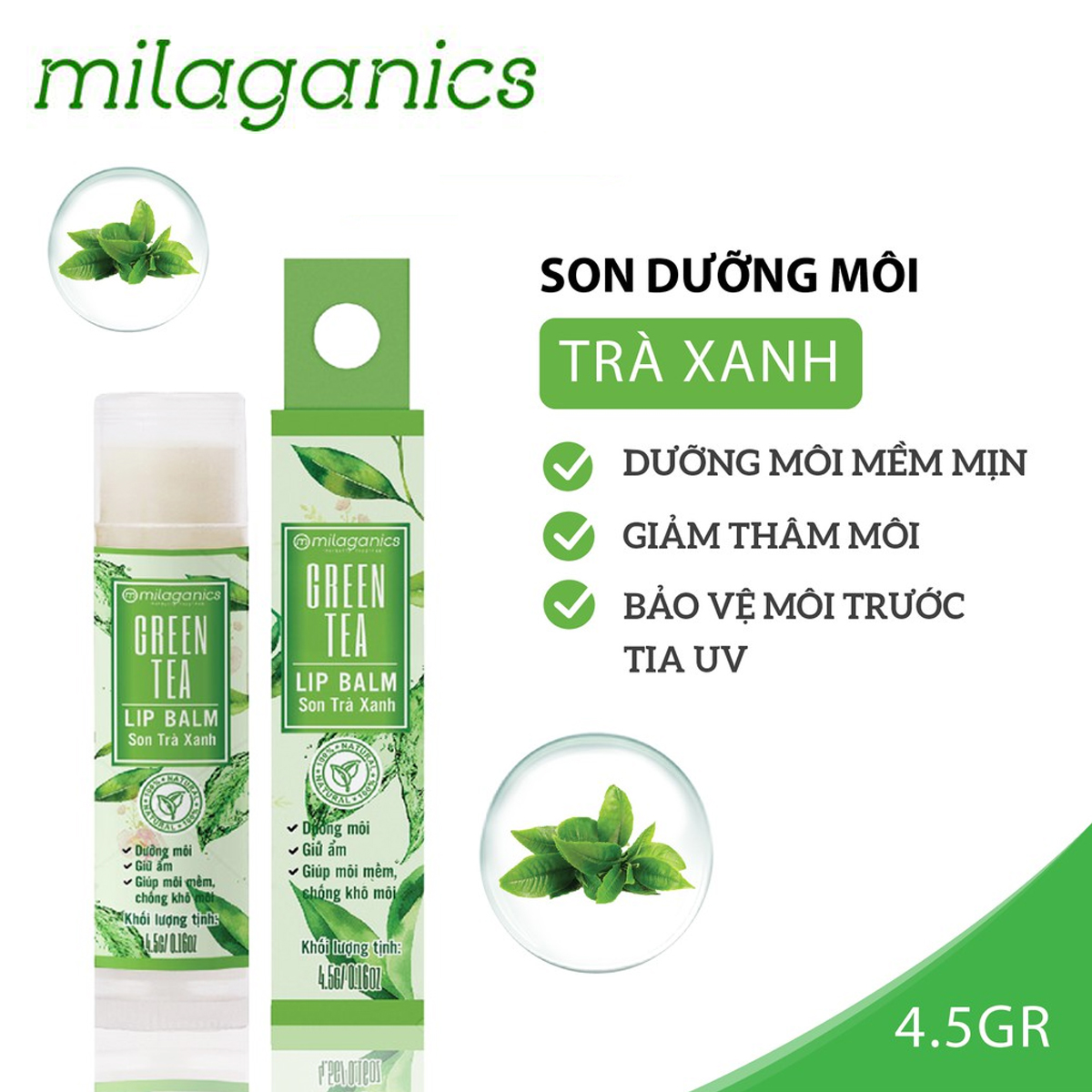 Son dưỡng môi trà xanh dưỡng ẩm, giảm thâm môi green tea lip balm milaganics 4.5 gram