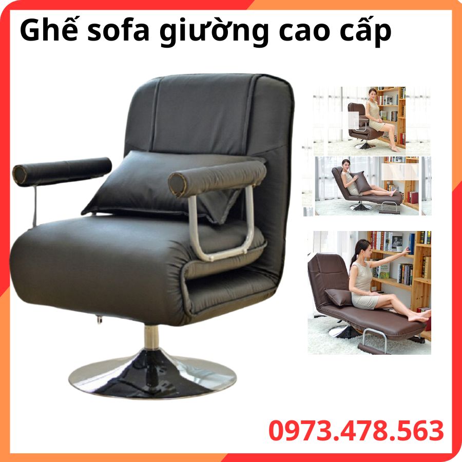 Ghế sofa giường gấp gọn bọc da PU 3in1, Ghế gấp văn phòng gập ngả nhiều chế độ chân xoay khung thép chắc chắn