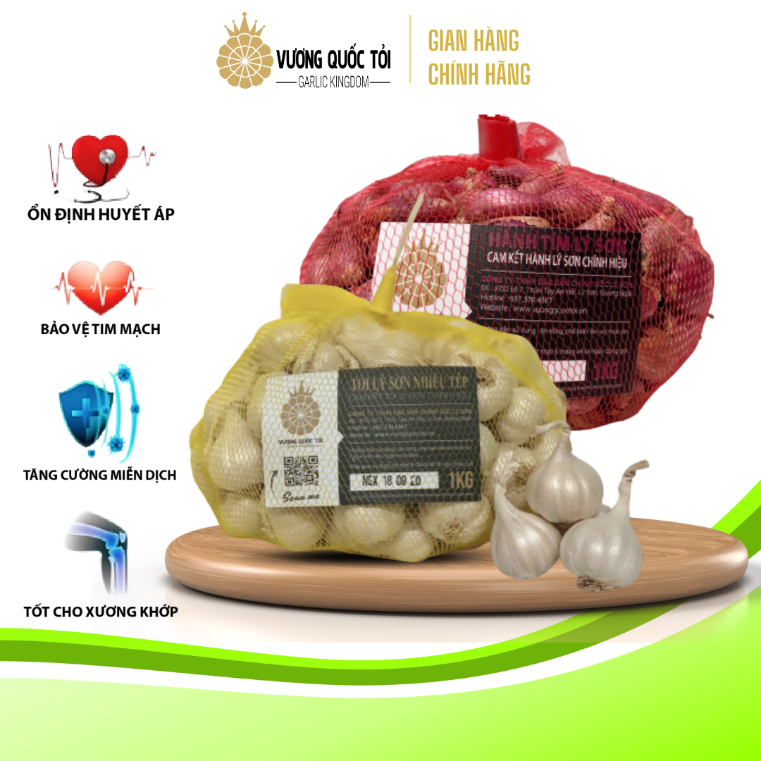 Combo 1kg Tỏi Lý Sơn + 1kg Hành tím Lý Sơn chính gốc - Vương Quốc Tỏi - đã cắt cuốn, làm sạch vỏ sạch sẽ - Chất lượng cao