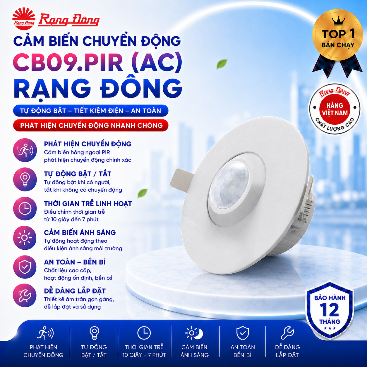 Cảm Biến Chuyển Động Rạng Đông CB09.PIR Chính Hãng, Tiết Kiệm Điện