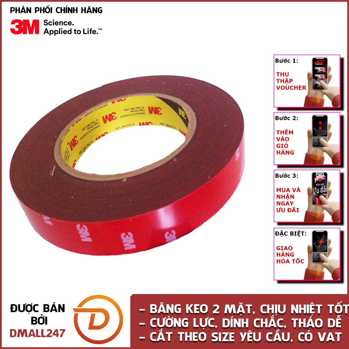 Băng keo cường lực siêu dính 3m khổ 12mm x 10m 4229p-12 - dmall247, bán sĩ, cắt theo kích thước yêu cầu
