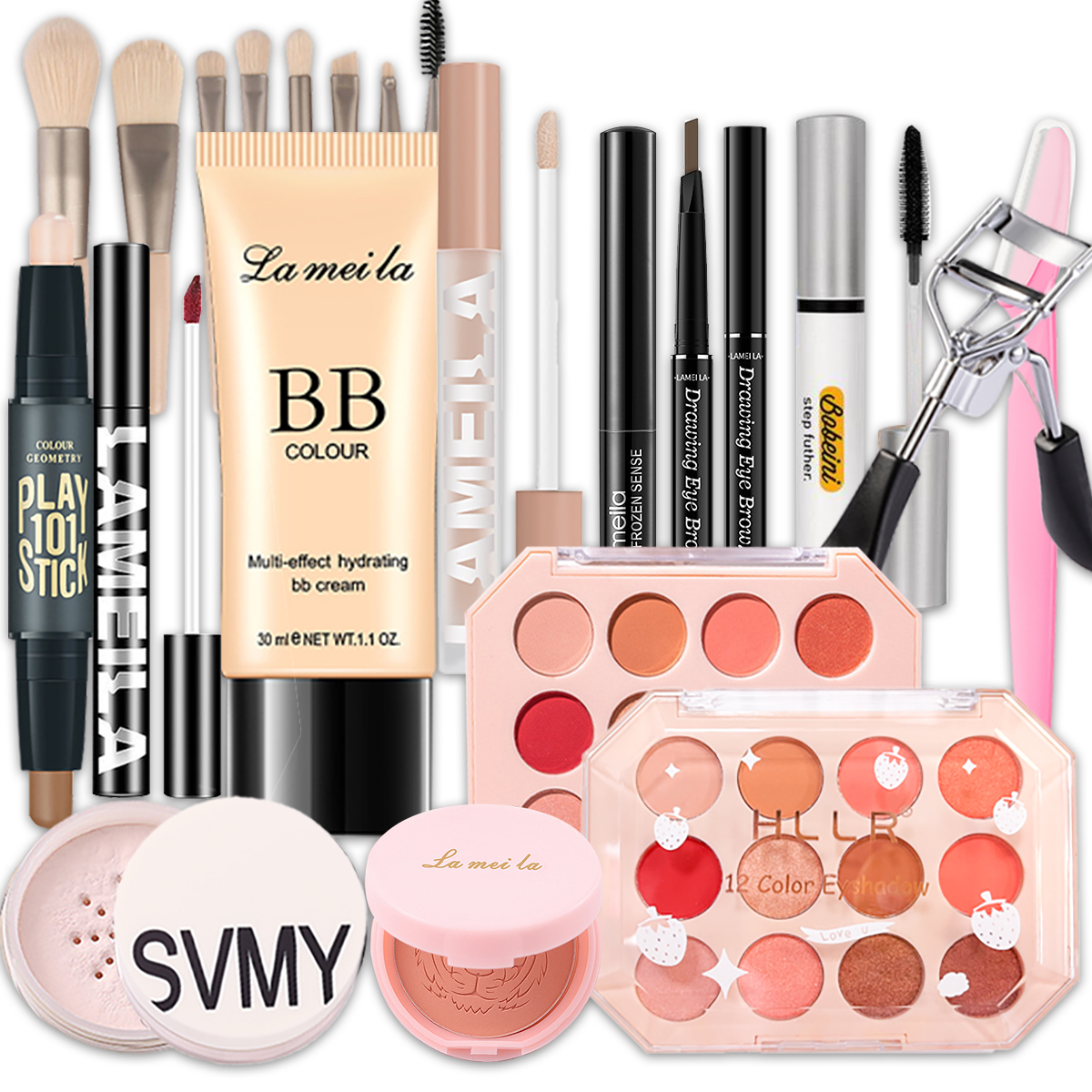 Bộ trang điểm 13 món Lameila Kem BB+Phấn phủ bột+Phấn mắt+Chì kẻ mày+kẻ mắt+Mascara+bút tạo khối 2 đầu+Bóng mắt lỏng+Phấn má hồng+kẹp bấm mi+Dao tỉa lông mày+Bộ cọ trang điểm+Kem che khuyết điểm bộ makeup đầy đủ set