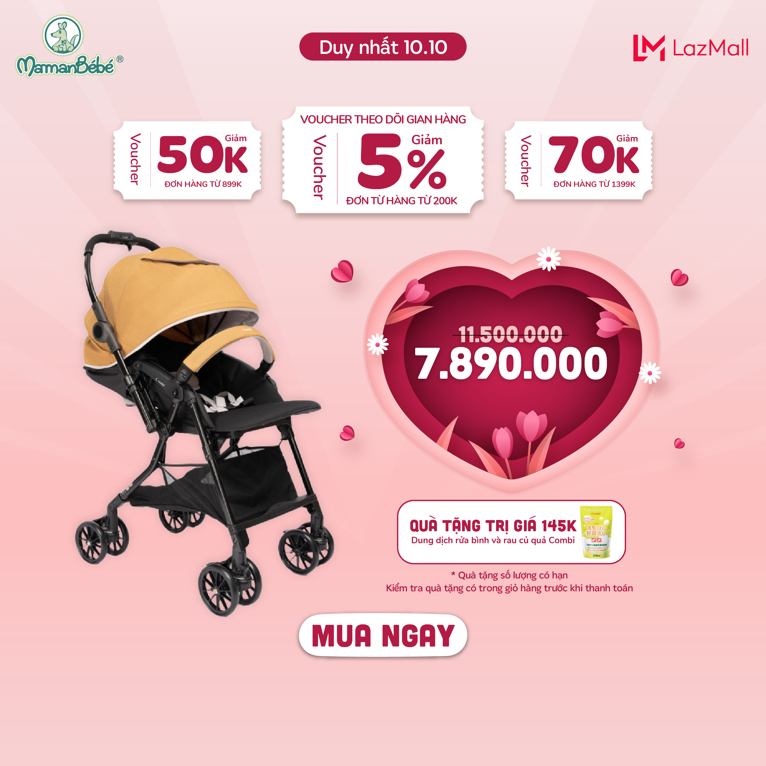 (MamanBébé chính hãng) Xe đẩy COMBI Handy 4Cas Compact - Đảo chiều tay cầm - Màu Vàng
