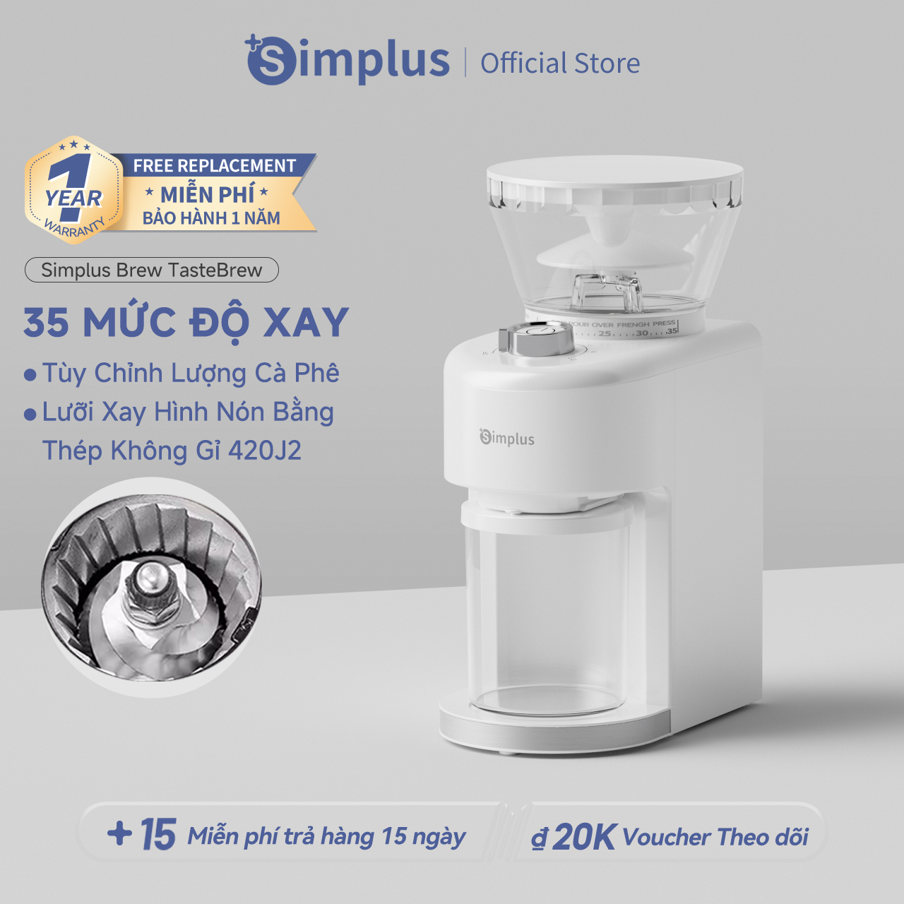   New Arrival  Simplus Máy Xay Cà Phê Điện Máy Xay Bột Thông Minh Gia Đình 35 Mức Độ Xay Từ Thô Đến Mịn Có thể Tùy Chỉnh Lượng Xay MDJH004- Bảo hành 1 năm 1 đổi 1 