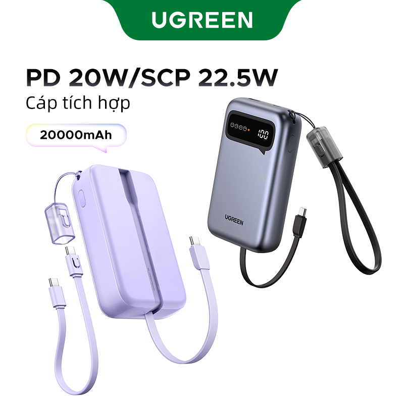Sạc Dự Phòng 22.5W UGREEN 20000mAh Powerbank 2 cáp type C  Công suất 2-Port Fast Charging PD20W 22.5W Powerbank 3 Devices Hiển Thị Kỹ Thuật Số Sạc Nhanh for iphone 16 Pro max SAMSUNG Galaxy S25 S24 Ultra iPad MIni 6 NS Switch Model:55141