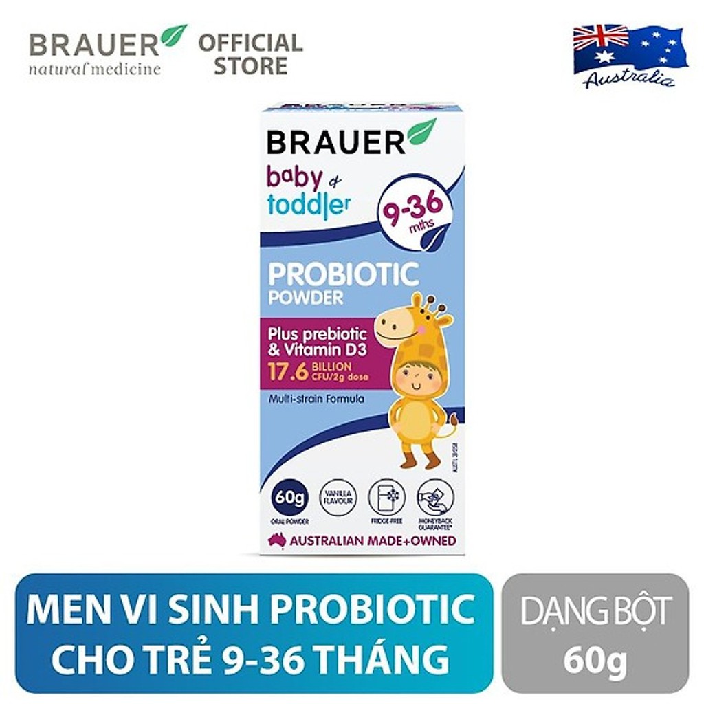 Bột men vi sinh tiêu hoá của Úc Brauer Baby & Toddler Probiotic Powder vị Vanilla cho trẻ 9-36 tháng tuổi (60g)